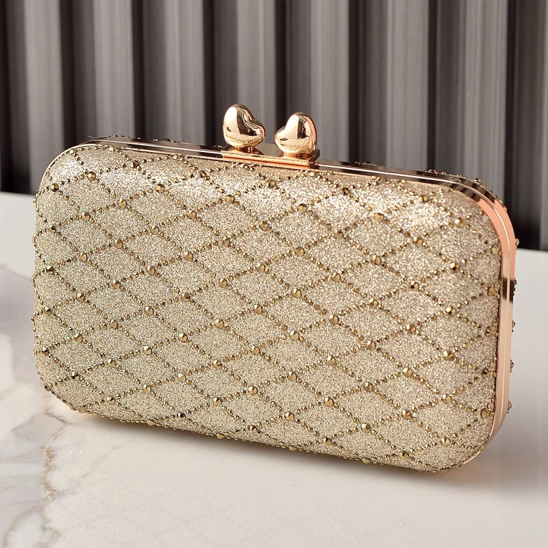 Elegant Hot Pink Glitter Clutch Women's Gold Beaded Pattern Heart Closure Evening Bags for Weddings Prom Formal Party Purse - view 4