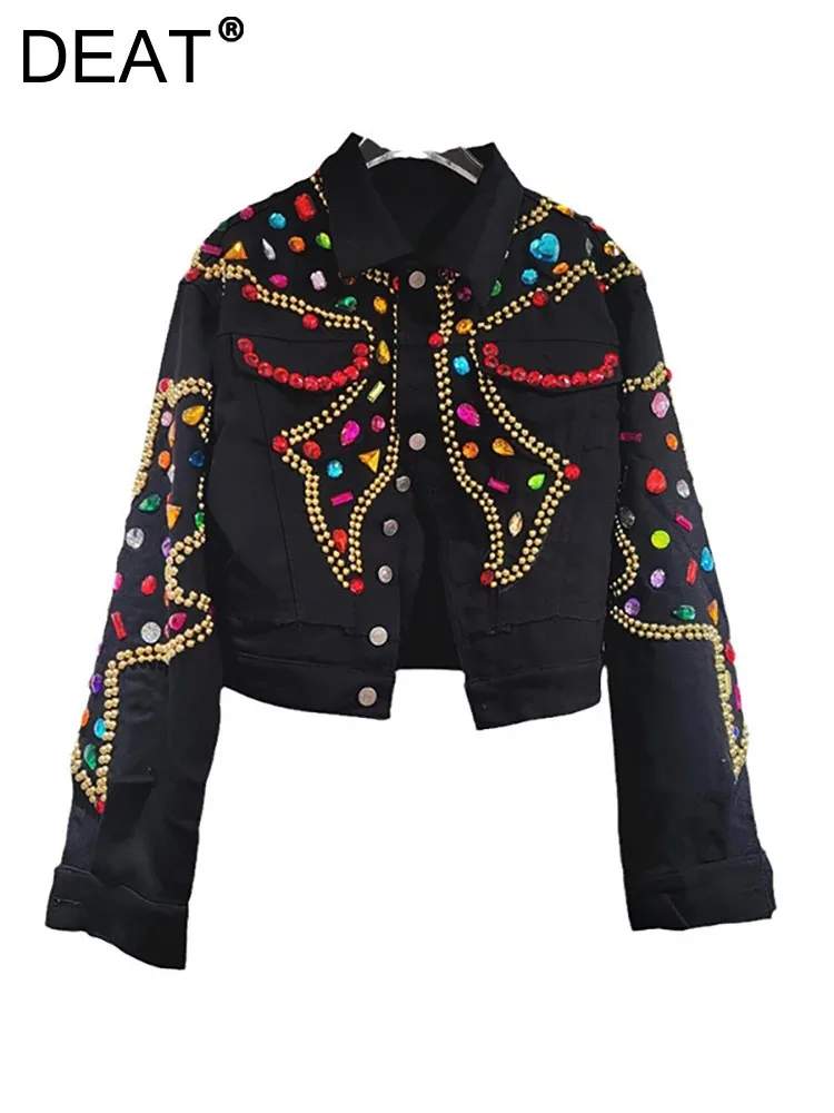 DEAT Women's Denim Coat Embroidered Flares Color Crystal Patchwork Single Breasted Short Jackets 2024 Autumn New Fashion 29L8034