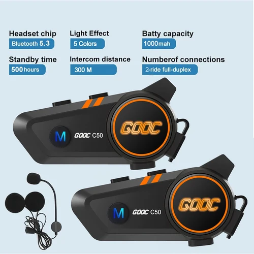 Imagen 1 del producto Intercomunicador para casco de motocicleta, auriculares estéreo con Bluetooth, llamada manos libres, IPX67, impermeable, luz ambiental tricolor, 1000H de largo modo de reposo