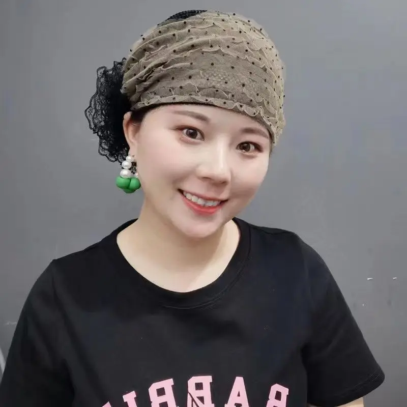 메쉬 레이스 캡 언더 스카프 꽃 히잡 물방울 무늬 터번 통기성 모자 여성 헤드 스카프 무슬림 탈모 보닛 비니 헤드밴드