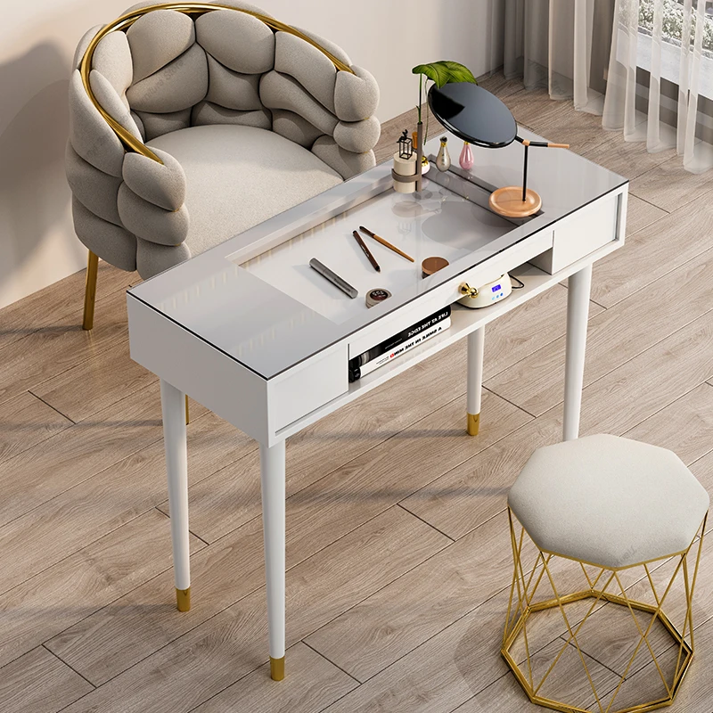 Dressing Reception Manicure Table Nordic Glass Tabletop Luxury Cream Style Nail Tables Storage Salon Furniture Nail Desk LLMT