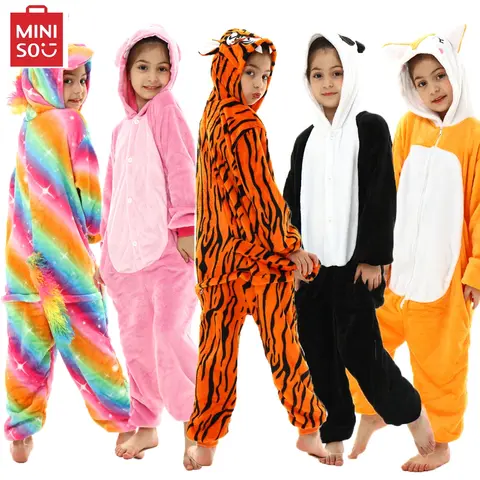 MINISO 겨울 어린이 플란넬 잠옷 어린이 코스프레 의상 소녀 스티치 kigurumi onesies 소년 팬더 공룡 점프 슈트 Best5