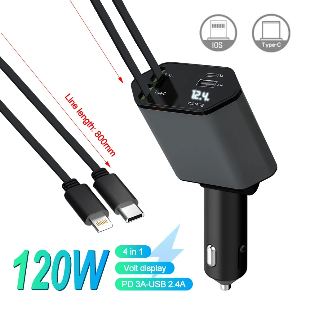 4 in 1 100W Retractable Phone Charger USB Type C Car Charger For iphone 15 14 Fast Charger with Retractable Charging Cables