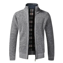 Men's Cardigan Sweater Fall Winter Plush Thickening Solid Color Stand Collar Fleece Zip Knitwear Jacket Coat Casual Men Clothing