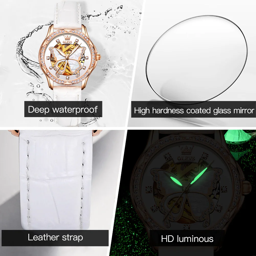 OLEVS 6622 Mechanical Women's Watch Butterfly Dial Luxury Waterproof Watch For Women Hollow Leather Automatic Wristwatch