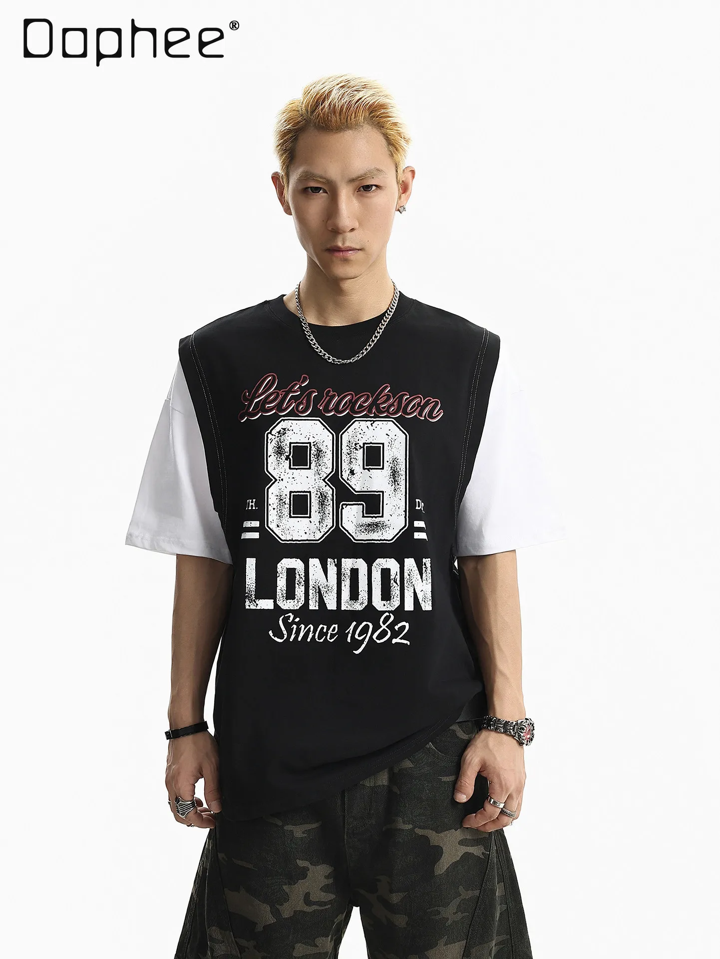 

Summer New American High Street Sports Style Men's Black Letter and Number Print Fake Two-piece Round Neck Short-sleeve T-shirt