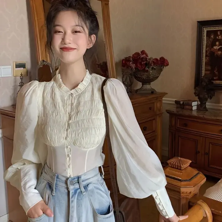 

Long Sve Women's irt Sweet Lace Design Gentle Versatile Top Spring Autumn Pure Color Bateau Ne Lantern Sve TT843