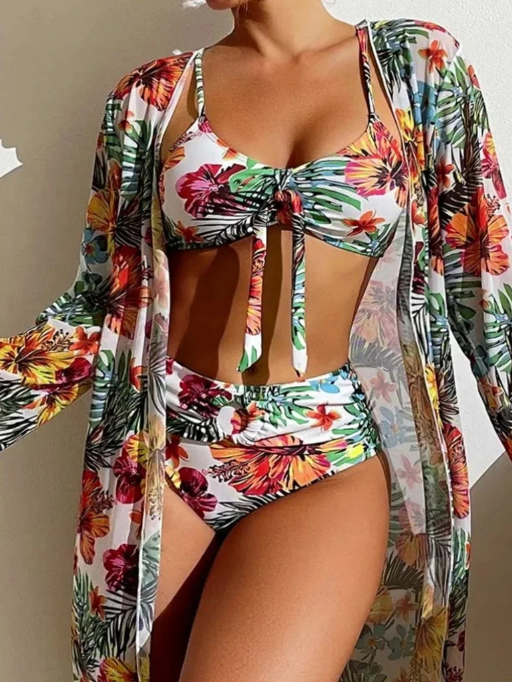 2024 New Sexy High Waisted Bikini Three Pieces Floral Printed Swimsuit Women Bikini Set with Mesh Long-Sleeved Blouse swimwear