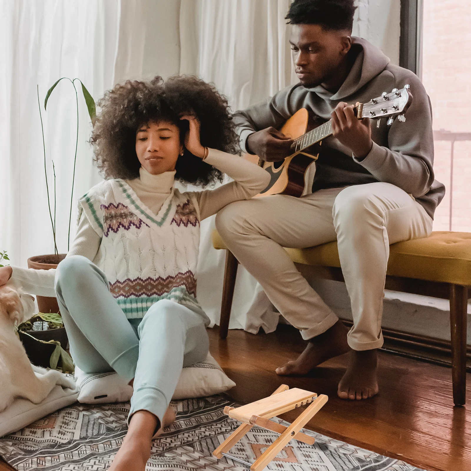 

Household Guitar Practice Footstool Bamboo Adjustable Six Height Levels Stable Foot Support for Guitar Performance
