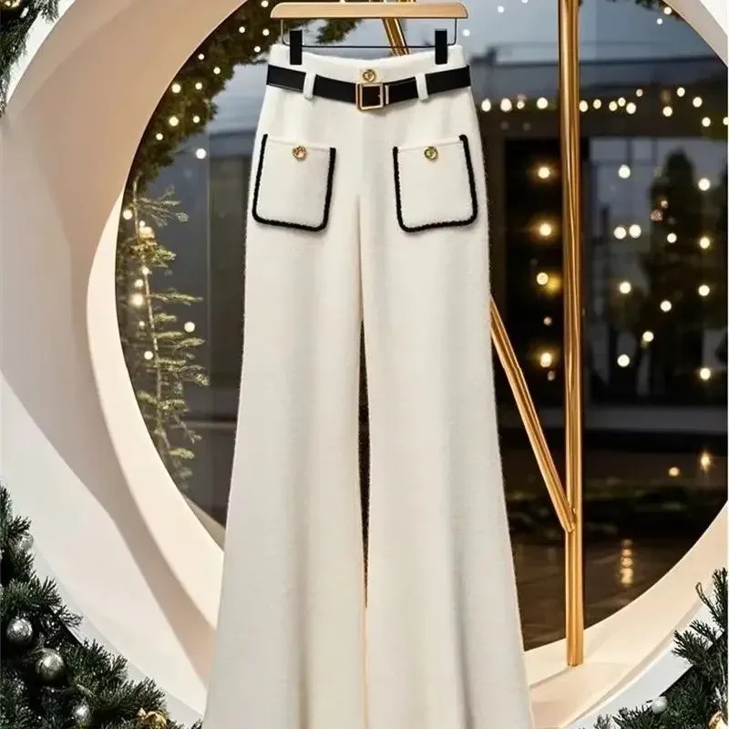 

Korean Fashion Thick Warm White Knit Women Pants Versatile Wide Leg Knitted Pant High Pocket Drape Trouser Autumn Winter kawaii