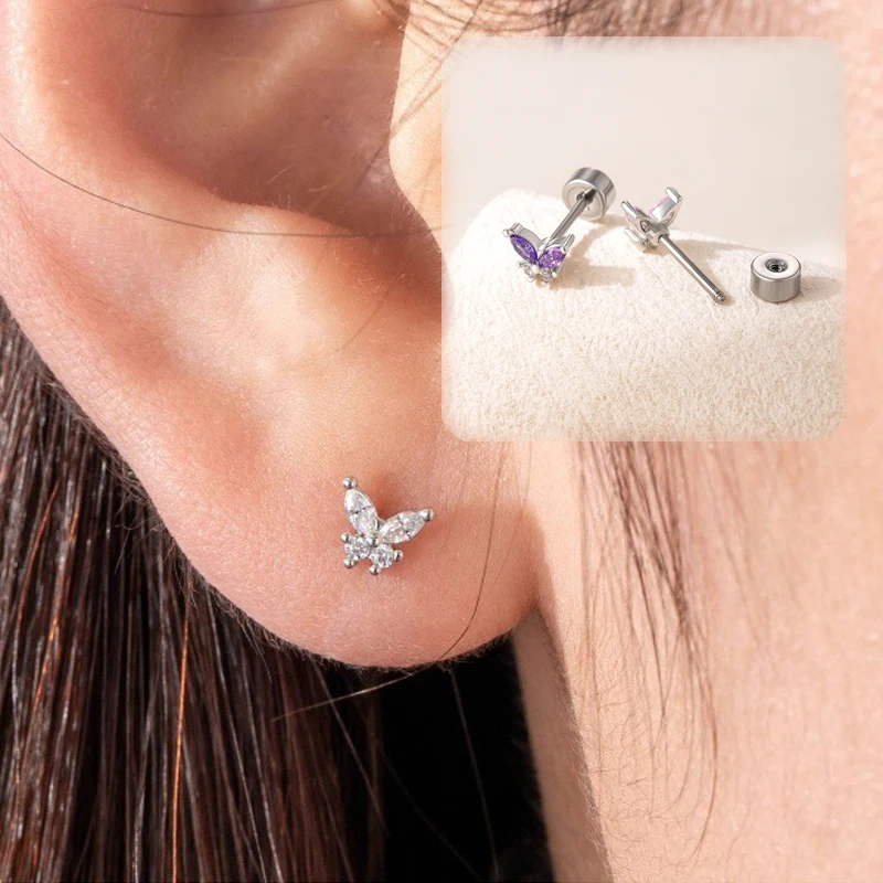 Boucles d'oreilles clous papillon 20G en zircon cubique pour femmes, bijoux de piercing en titane chirurgical pour cartilage, idéales pour les oreilles sensibles