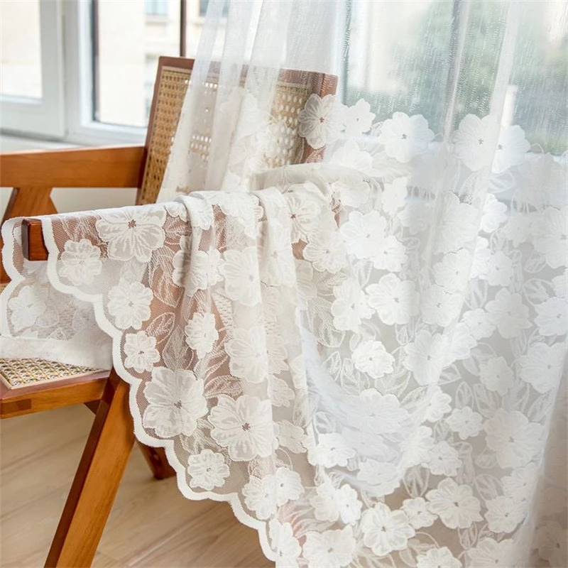 American Pastoral Knitted Printing White Camellia Sinensis Sheer Tulle Curtain For Living Room Bedroom Door Window Voile Curtain