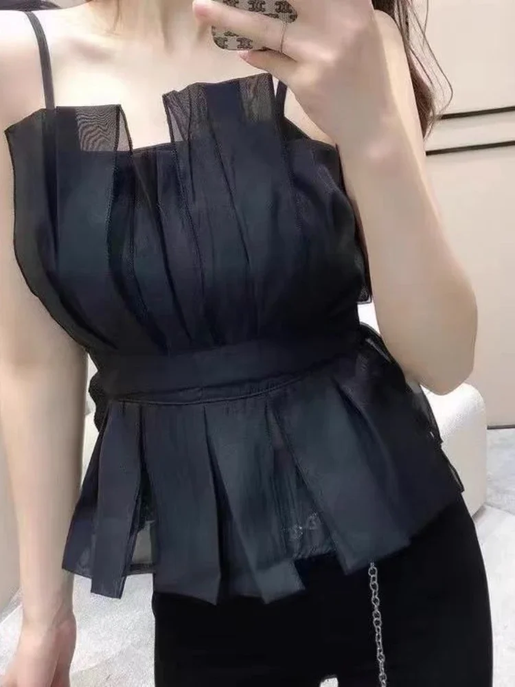 Camisole Women Folds Pure Classics Creativity Cozy Korean Style Tender Simple All-match Summer Ladies Hotsweet Leisure Vacation