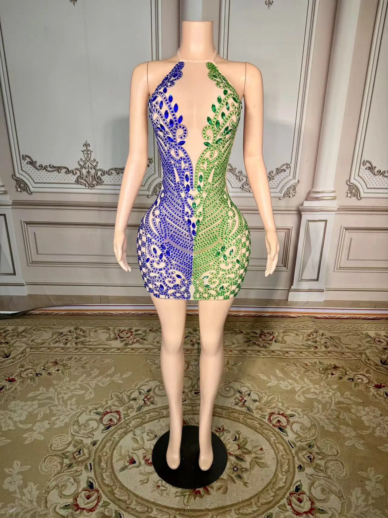 

Luxurious Full Rhinestones Short Dress for Women Evening Prom Celebrate Dress Sexy Mesh Transparent Singer Show Stage Wear