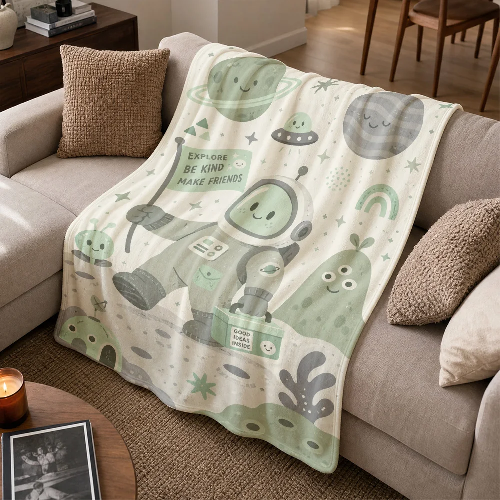 Cute Boho Alien Planets Throw Blanket for Nursery Kids Children Cozy Fuzzy Sofa Decor Baby Gift Galaxy Print