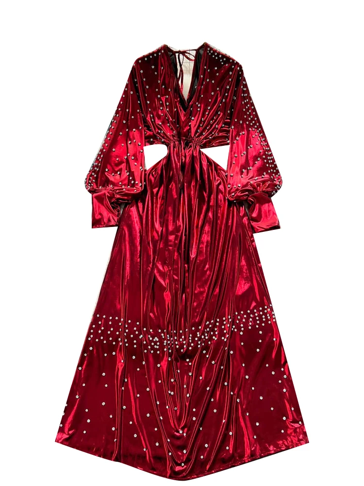 Faionable couleur métal lourd embelli diamant v-ne ceinturé lanterne Sve Dr jupe longue pour femme qui placent la taille