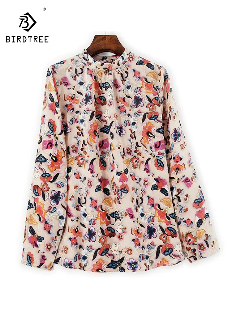 

Элегантная футболка BirdTree из шелка, с длинным рукавом и цветочным принтом, женский свободный топ в стиле ретро, осень-зима 2025 T5N165CC