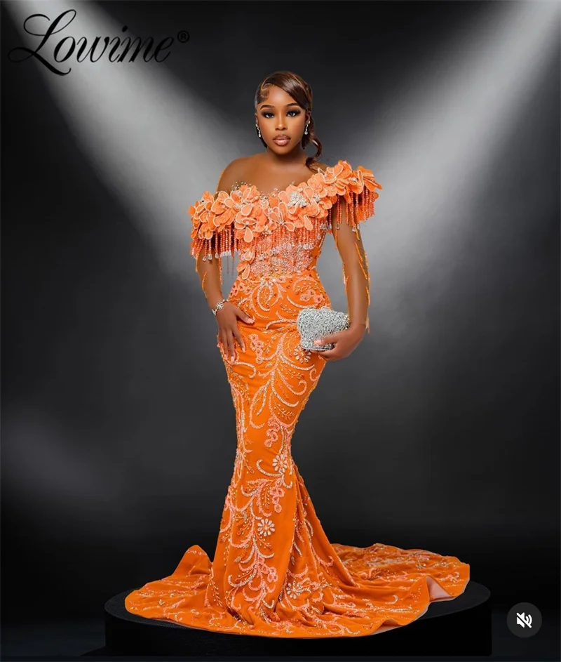 Elegante Oranje Zeemeermin Galajurken 2025, Plus Size Aangepaste Afrikaanse Avondjurken 3D Leafs Ontwerp Arabische Bruiloft Jurk