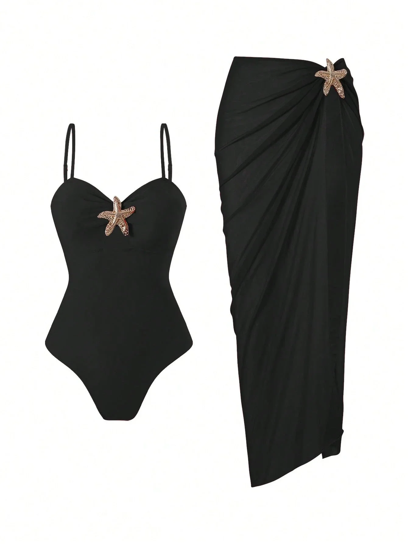 

Black 2pcs Swimsuit Set With Starfish Decor Spaghetti Strap One Piece And Long Skirt