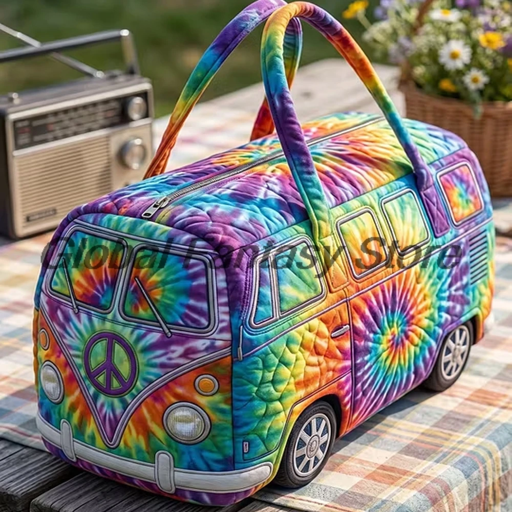 Tie-Dye Hippie Van Quilted Duffle Bag Peace Sign Colorful Tree Travel Tote Handbag Women Men Outdoor Weekender Bag