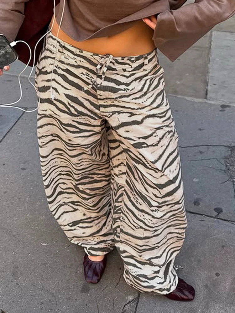 JULISSA MO Zebra Printed High-Waisted Women Pant Wide-Leg Lace Up Long Trousers Female Autumn Loose Casual Outdoor Streetwear