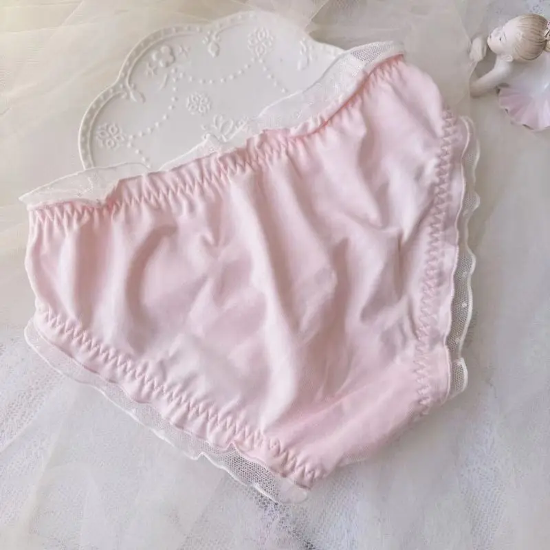 Women Cotton Mesh Dot Ruffles Ribbon Underwear Princess Style Cute Lovely Sweety Panties Breathable Elasticity Lolita Breifs