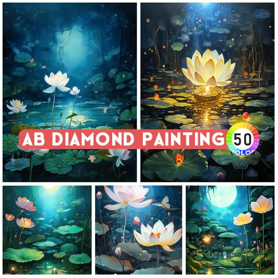 AB Diamond Painting Pond Flora Diamond Mosaic Colorful Luminous Lotus Flower Diamond Embroidery Full Drill Chinese Style