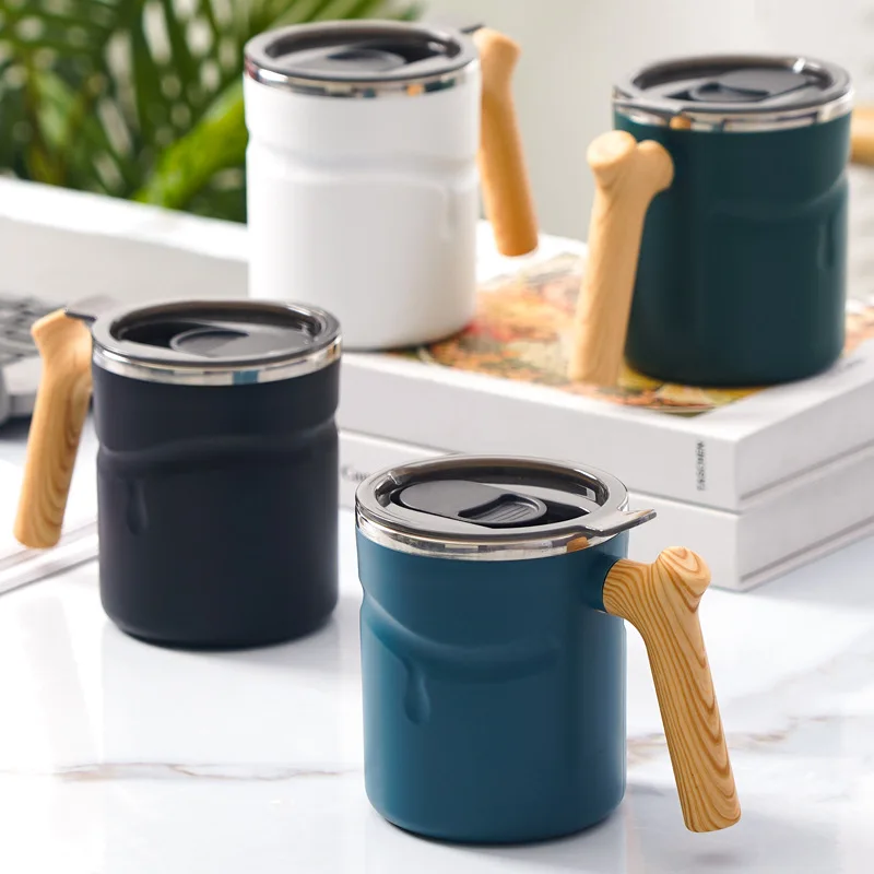

510ml Wooden Handle Coffee Mug with Lid Stainless Steel Liner Beer Cold Drink Double Wall Water Cup Espresso Juice Cup Drinkware