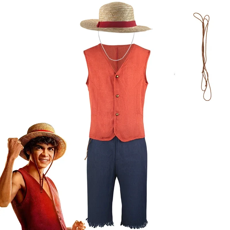 ❤ 2026 ★ Disfraz de Monkey D. Luffy de la película Live Action, conjunto unificado de sombrero de paja, camiseta roja y pantalones largos para hombre, ideal para fiestas de carnaval. ❤