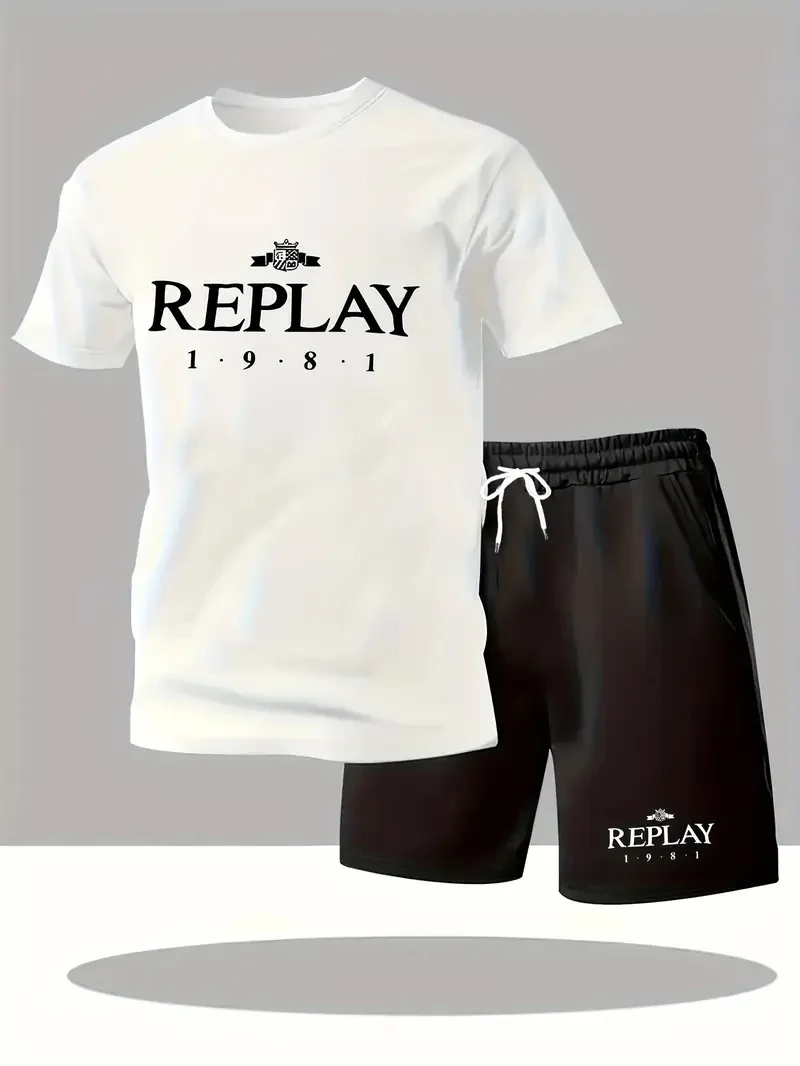 

Men's set #crew neck graphic print T-shirt drawstring shorts set for summer