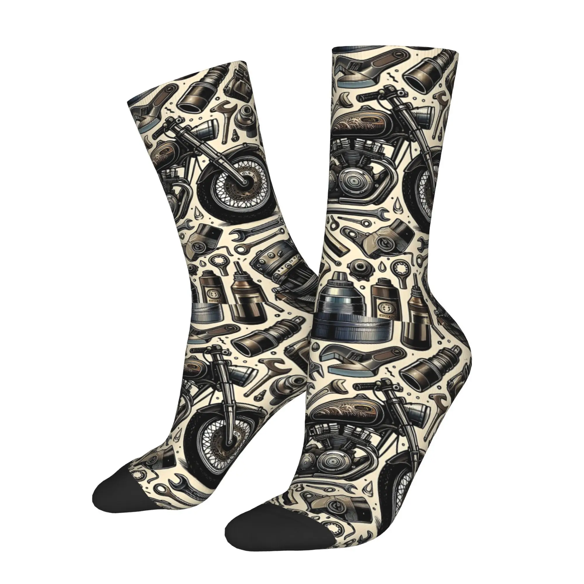 1pc Vintage Motorcycle Mechanic Tools  Printed Men's Socks Novelty Hip Hop Harajuku Pattern Crew Sock Casual Gift