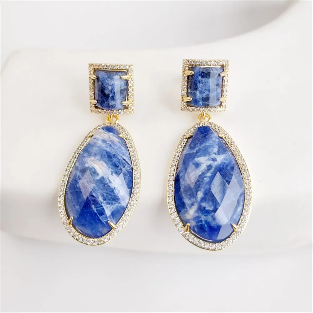 FUWO 1 Pairs Natural Blue Agate Teardrop Earrings,Zircon Border Earring Luxury Elegant For Women Jewelry Gife ER007-3