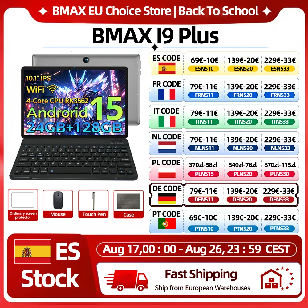 BMAX I9 Plus Tablet 10,1'' 1280*800 IPS 24(4+20)GB RAM 128GB ROM 6000mAh Type-C Rockchip RK3562 2-Kern Android 15 Tablets WIFI 6 Bluetooth 5.4 Kamera