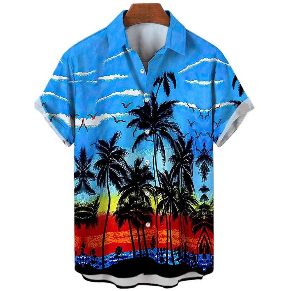 Vintage Tropical Parrot Coast Scenery Pattern Unisex Short Sleeve Blouse Camp Collar Loose Summer Seaside Fashion Shirt