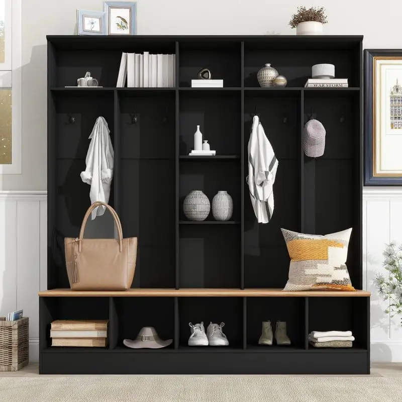 Hall Tree with Bench and Shoe Storage, Entryway Bench with Coat Rack, 10 Open Shelves, and 8 Hooks for Living Room (Black)