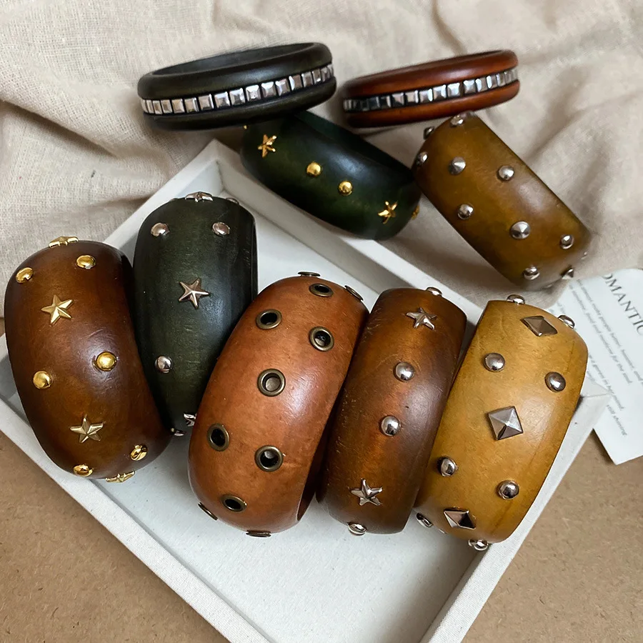 14 Styles Brown Wooded Bracelets Bangles for Women Men Punk Irregular Geometric Rivet Beads Wide Bangle Jewelry Birthday Gifts