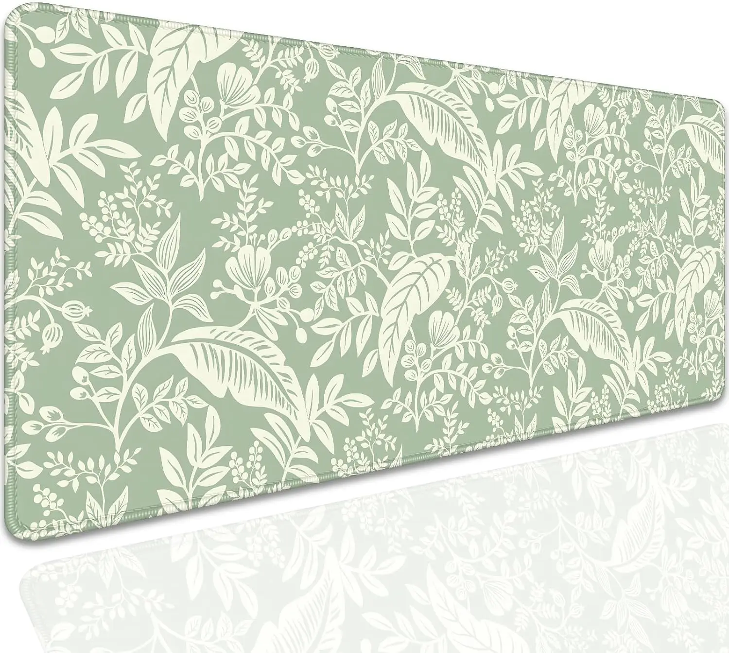 Sage Green Floral Leaf Gaming Mouse Pad, White Plant Branch Print Smooth Edge Non Slip Mat for Gamers Office Home Wireless Mouse