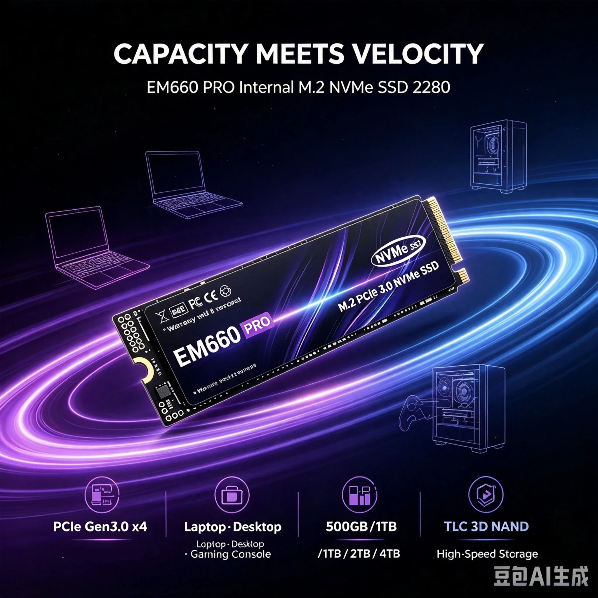 Original EM660 M.2 NVMe SSD, PCIe 3.0 2280 Internal Solid State Drive, 500GB-4TB High Speed SSD Disk for Desktop & Laptop