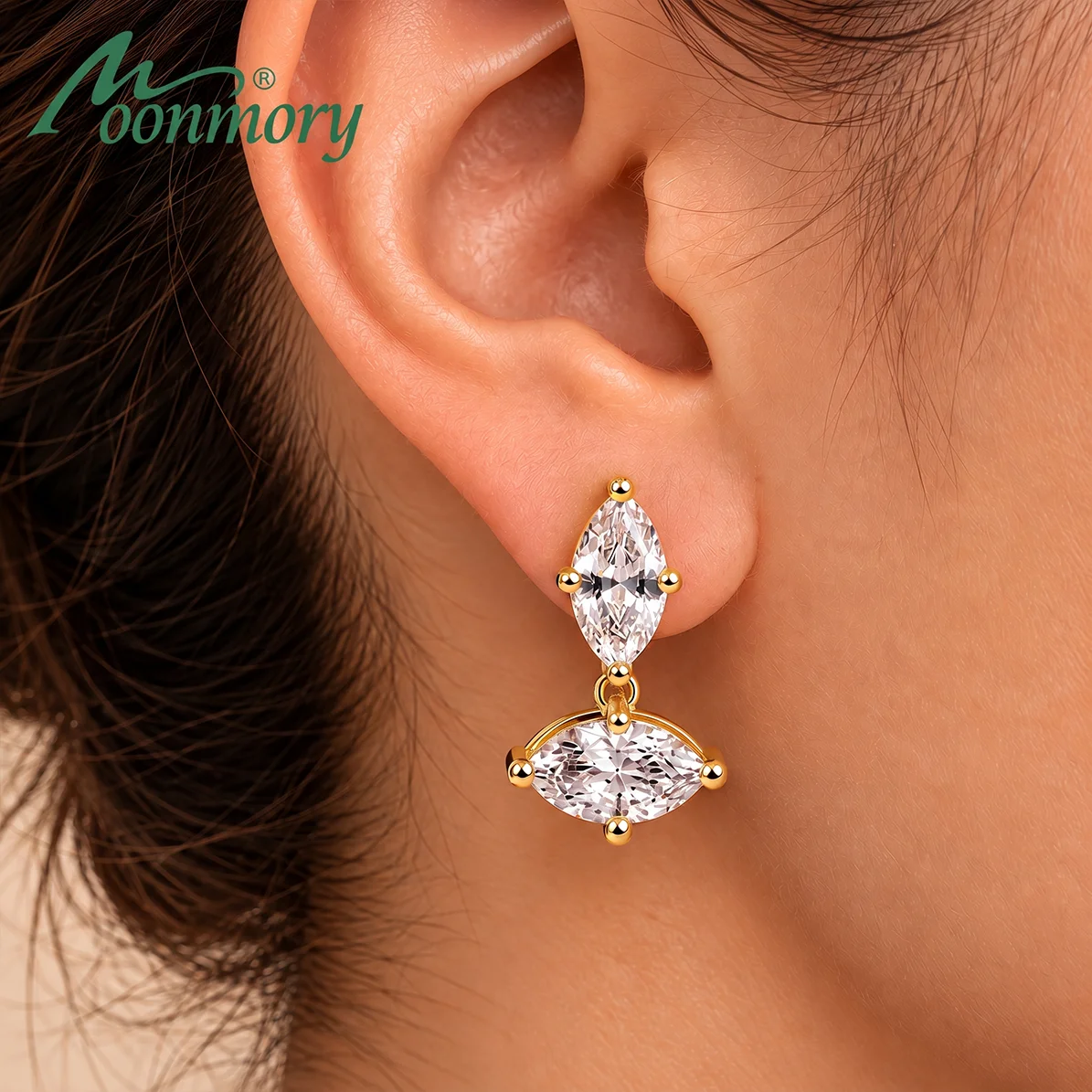 Moonmory Minimalistisches, einzigartiges Design, doppelte Marquise-Ohrstecker für Damen, 5A Kubikzirkonia, 5x10mm, 14k doppelt vergoldet – Detail 1