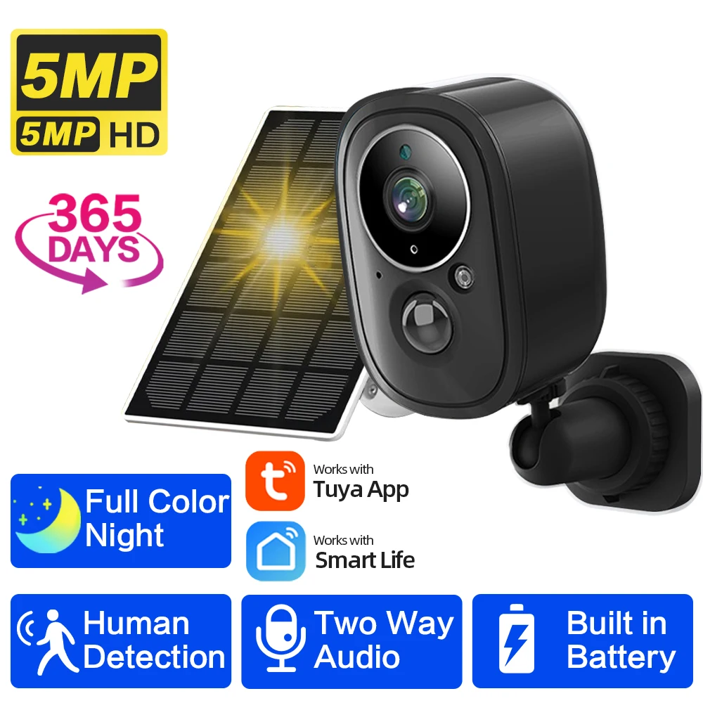 5MP WiFi Camera Solar Outdoor Wireless Battery Powered Bullet Security Camera PIR Motion Alarm Cloud Storage Two Way Audio Cam