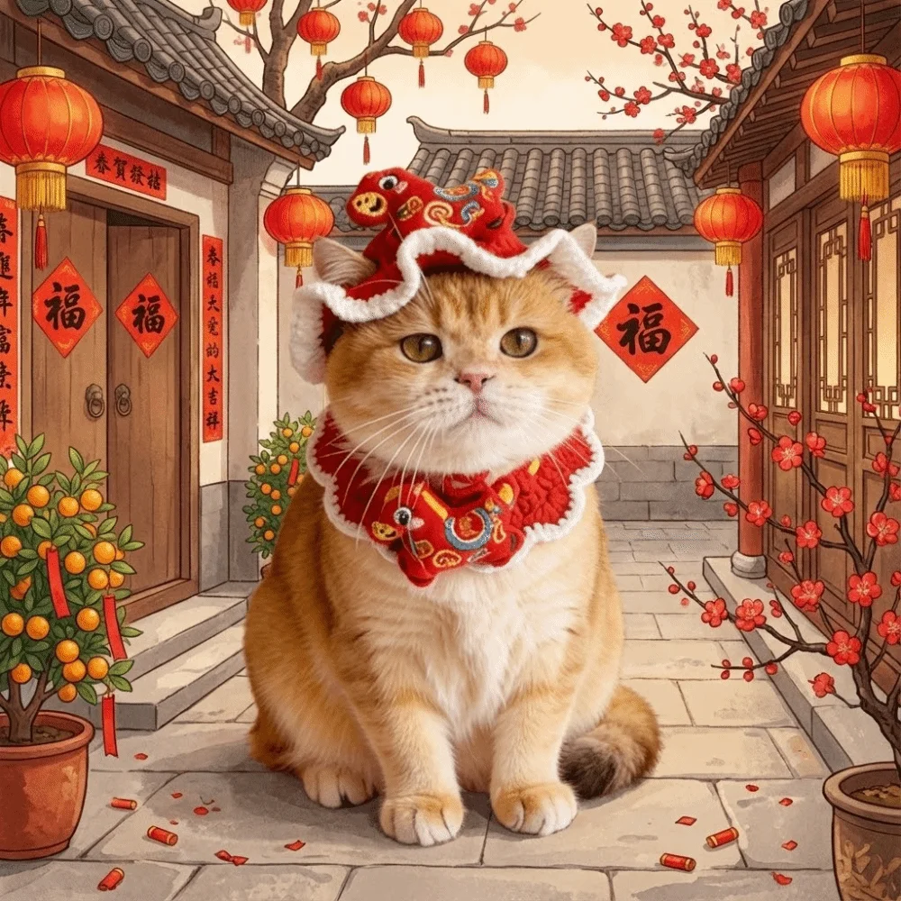 

Cartoon Chinese Style Pet Scarf Red Adjustable Pet Knitted Hat Elastic Comfortable New Year Cat Headwear Photo Prop