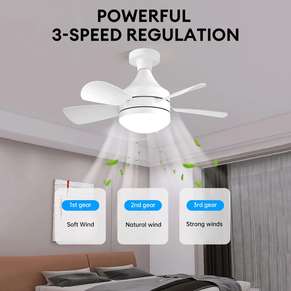 Ventilador de teto com controle remoto, lâmpada LED, base E27, 3 lâmpada regulável de iluminação, cozinha, quarto, sala de estar, 50W