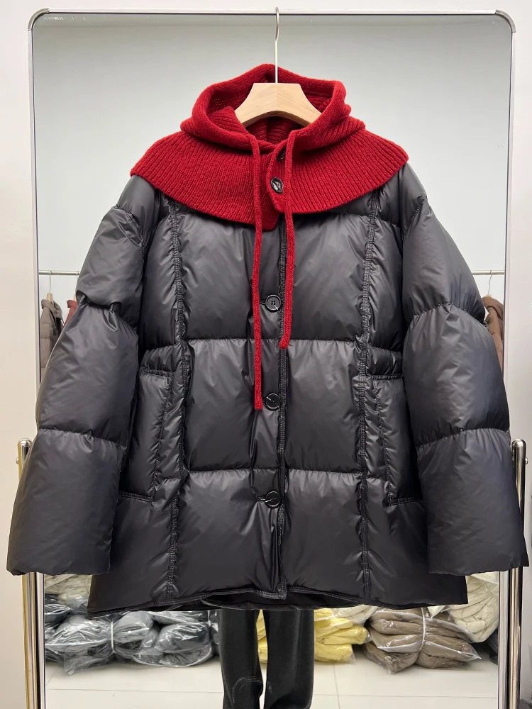 

New Winter Women Knitted Collar Spliced Puffer Coat Female Short Loose Thicke Warm Outwear White Duck Down Jacket 2025