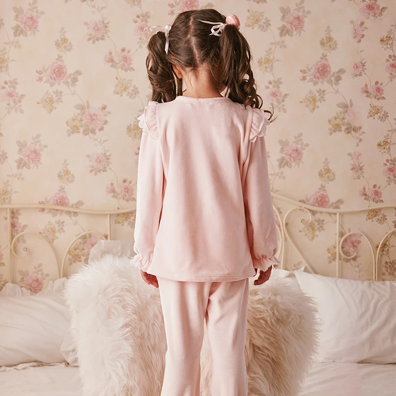 Winter Cute Children Sleepwear Girl Coral Velvet Pink Pajama Set.Vintage Toddler Kid Lace Pyjama Set Princess Nightwear Nightie