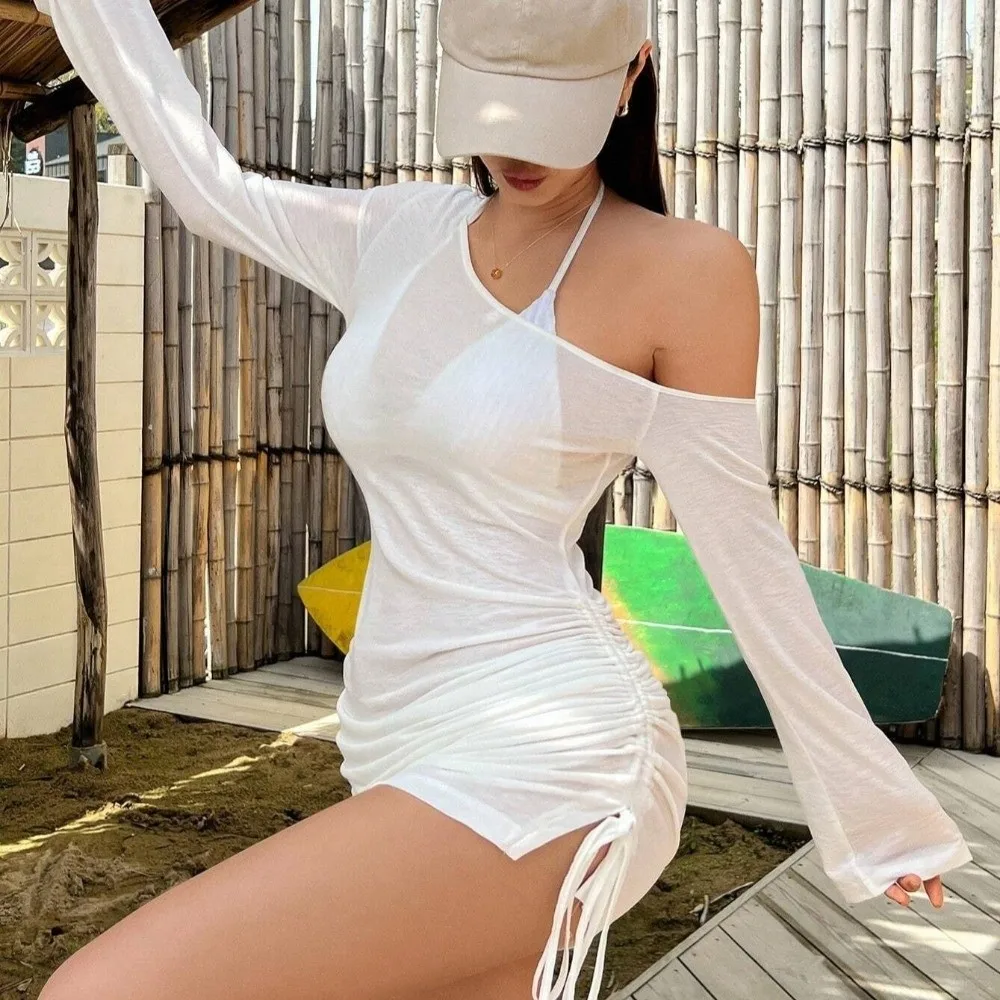 Stylish Solid Color Swimsuit Coverup Skew Collar See Through Bikini Dress Shirt Lace-Up Drawstring Dress Beach Party