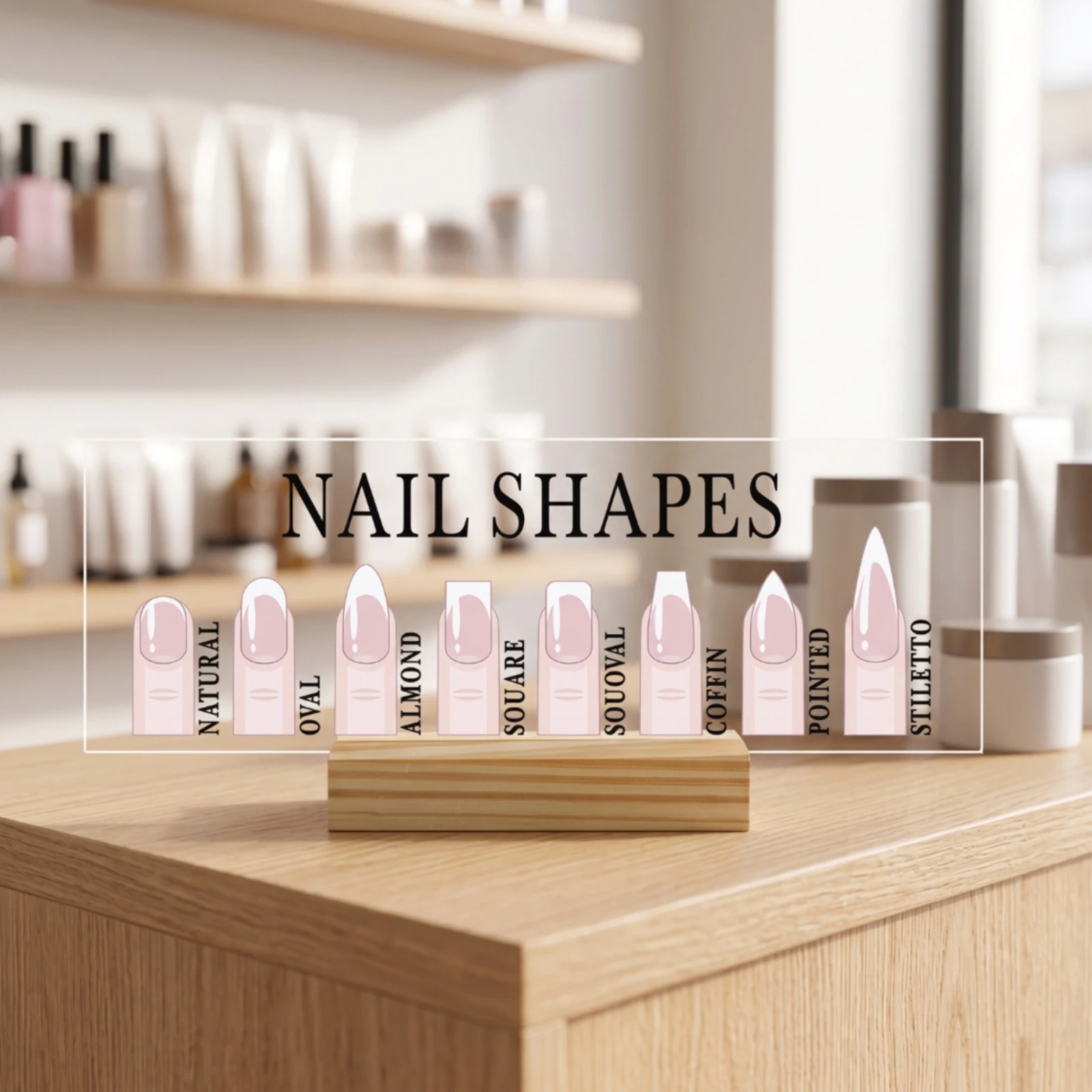 Nail Art Display with Wooden Base Sturdy Nail Shape Guide Acrylic Sign with Base Breakage-Resistant for Manicurists