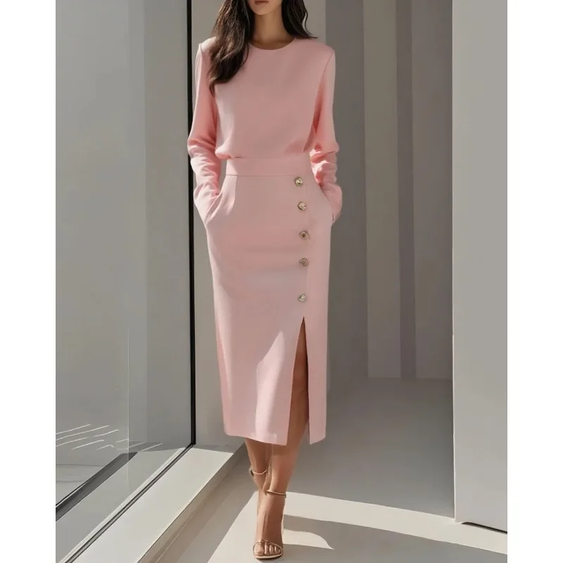 

2026 Spring Long-sleeved Solid Color Round Neck Waist Button Decorative Split-ended Women's Dress Women
