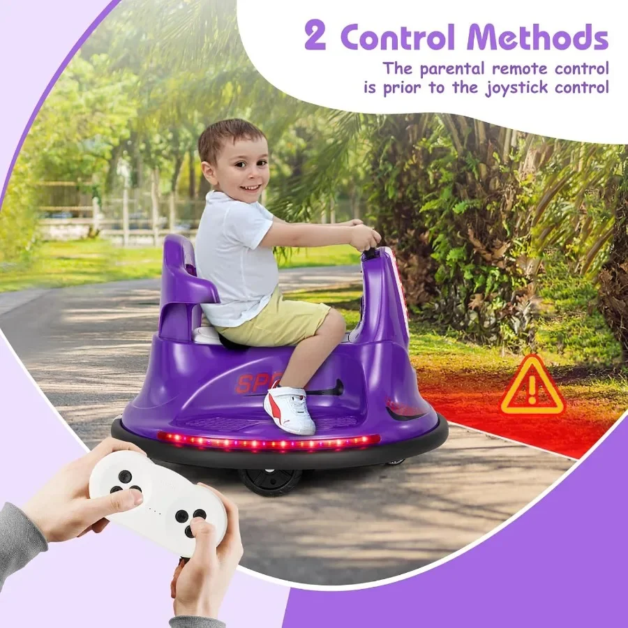 Voiture pare-chocs 12V pour tout-petits de 1 à 3 ans, avec double joysticks, lumière LED clignotante et véhicule électrique rotatif à 360 degrés