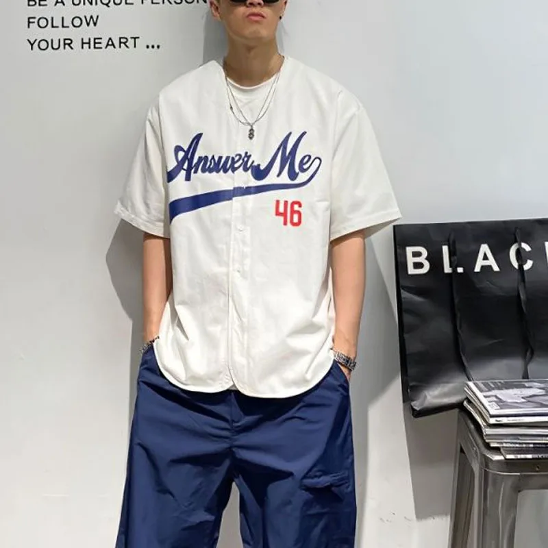 2024 Summer New Men's Coats Short Sleeve Crew Neck Button Letter Printed Trendy Fashionable Loose Comfortable Casual Tops
