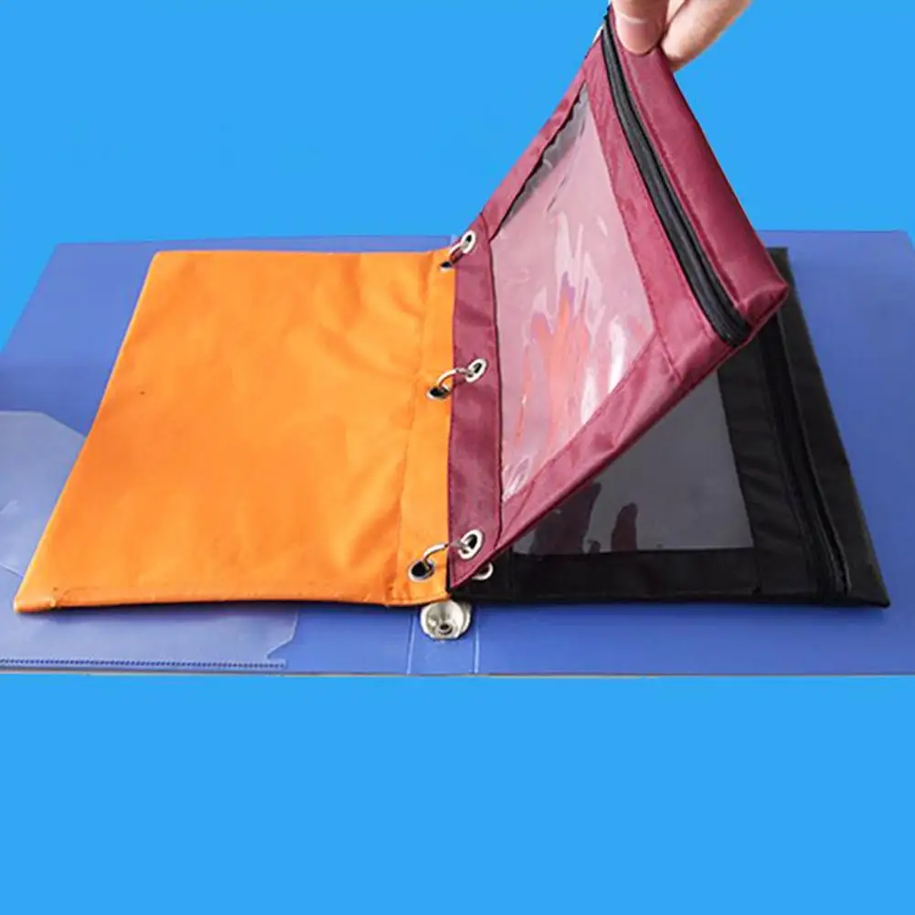 Transparente Zipper Folder Bag, armazenamento de arquivos, pasta de folhas soltas, pano Oxford, papelaria escolar, 3 furos